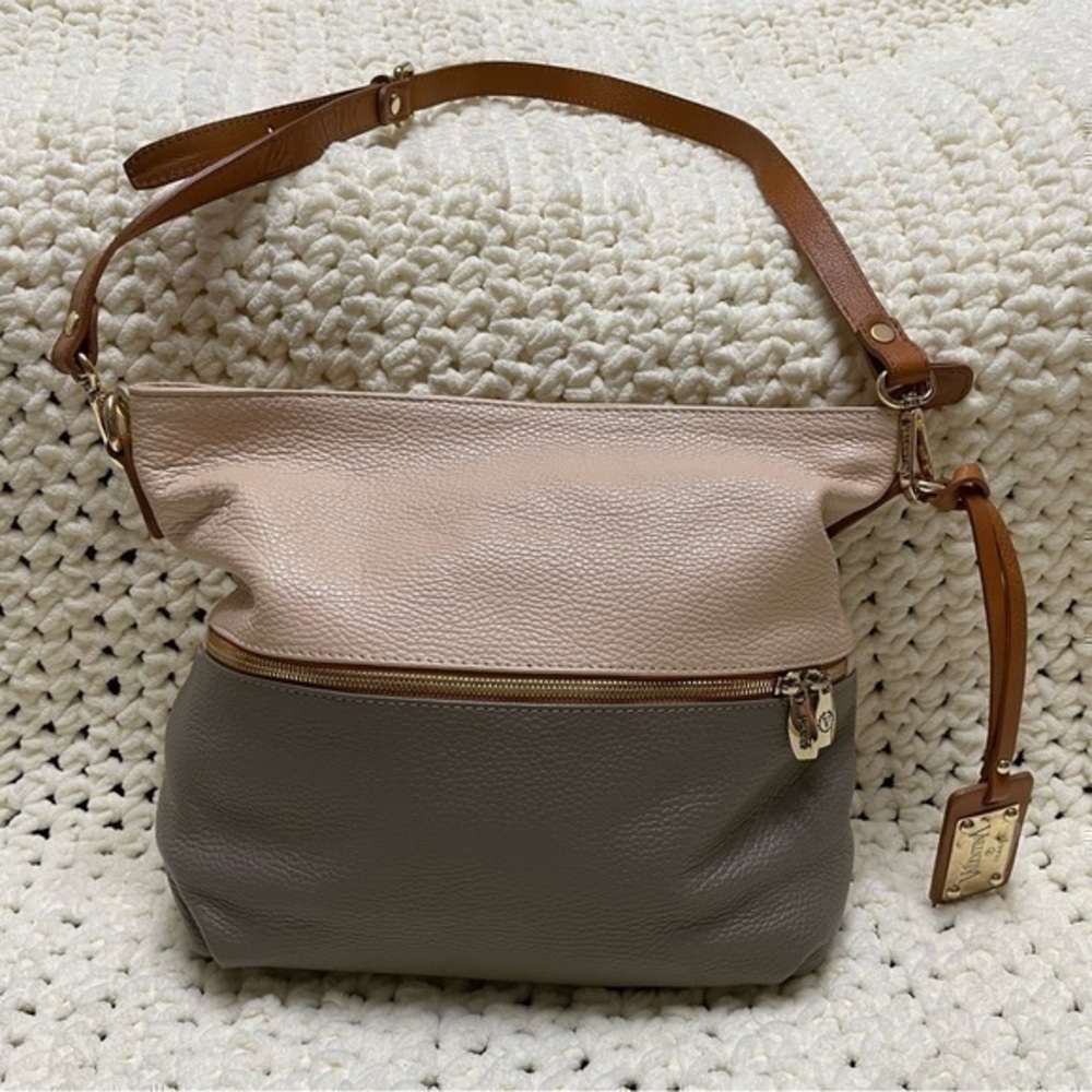 Valentina ❤️ Italian Leather ❤️ Bag Purse Handbag Gray Gold Pink Tan Zippers EUC
